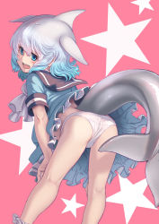 Rule 34 | 1girl, arm support, ass, bare arms, bare legs, bent over, blowhole, blue eyes, blue hair, cetacean tail, common bottlenose dolphin (kemono friends), dolphin girl, dorsal fin, dress, dutch angle, feet out of frame, fins, fish tail, flat ass, frilled dress, frills, from behind, grey hair, hair between eyes, hands on own knees, head fins, highres, kemono friends, kneepits, kosai takayuki, legs apart, light smile, long hair, looking back, microdress, multicolored hair, open mouth, outstretched arms, panties, petite, short sleeves, sidelocks, solo, standing, tail, underwear, white panties
