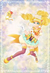 Rule 34 | 1girl, abstract background, aizen (syoshiyuki), aqua skirt, blonde hair, bow, brooch, brown eyes, brown thighhighs, cat, choker, cone hair bun, cure sparkle, double bun, earrings, full body, green eyes, hair bun, hair ornament, half-closed eye, healin&#039; good precure, heart, heart hair ornament, highres, hiramitsu hinata, jewelry, legs apart, looking at another, magical girl, multicolored background, nyatoran (precure), orange bow, parted lips, petticoat, pointing, pointing at another, pom pom (clothes), pom pom earrings, precure, shoes, short hair, skirt, star brooch, thighhighs, twintails, vest, yellow footwear, yellow neckwear, yellow vest