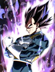 Rule 34 | armor, aura, black hair, blood, blood from mouth, blue bodysuit, bodysuit, check commentary, commentary request, cowboy shot, dragon ball, dragon ball super, gloves, highres, medium hair, muscular, muscular male, purple eyes, saiyan armor, spiked, tkht 9315, transformation, ultra ego (dragon ball), vegeta, white armor, white gloves