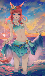 Rule 34 | 1girl, absurdres, animal ears, aqua bikini, bare shoulders, bikini, blue eyes, blush, bracelet, braid, clothes lift, cloud, crown braid, flat chest, flower, hair flower, hair ornament, half-closed eyes, highres, horizon, horse ears, horse girl, horse tail, jewelry, long hair, looking at viewer, navel, ocean, open mouth, outdoors, red hair, ribs, sarcophage, sarong, sarong hold, silence suzuka (emerald on the waves) (umamusume), silence suzuka (umamusume), solo, standing, sunset, swimsuit, tail, umamusume, wading, water