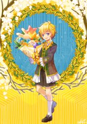 Rule 34 | 1boy, :d, artist name, balloon, blonde hair, brown footwear, colornix, dated, flower, lily of the valley, looking at viewer, male focus, open mouth, original, penny loafers, personification, purple eyes, shorts, smile, white legwear, wreath, yellow background, yellow flower