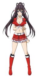 Rule 34 | 10s, 1girl, belt, black hair, boots, breasts, cleavage, full body, hair ribbon, highres, infinite stratos, knee boots, long hair, looking at viewer, medium breasts, navel, pleated skirt, ponytail, purple eyes, red footwear, red shirt, red skirt, ribbon, shinonono houki, shirt, skirt, smile, solo, tied shirt, transparent background