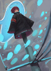 Rule 34 | 1girl, absurdres, armband, black jacket, black pants, cloud, cloudy sky, halo, highres, jacket, looking at viewer, original, outdoors, pants, potatomochii, power lines, purple eyes, purple hair, red armband, short hair, sky, sleeves past fingers, sleeves past wrists, solo, utility pole, water, whale