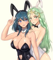 Rule 34 | 2girls, absurdres, animal ears, black bow, black bowtie, black leotard, blue eyes, blue hair, blush, bow, bowtie, breasts, byleth (female) (fire emblem), byleth (fire emblem), cleavage, collarbone, fake animal ears, fake tail, fire emblem, fire emblem: three houses, green eyes, green hair, hairband, hand on another&#039;s shoulder, highres, large breasts, leotard, long hair, looking at viewer, mali-sa, medium hair, multiple girls, nintendo, open mouth, parted lips, playboy bunny, rabbit ears, rabbit tail, rhea (fire emblem), simple background, smile, tail, v, white background, white leotard