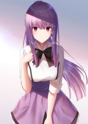 Rule 34 | 1girl, absurdres, asagami fujino, asagami fujino (second ascension), bad id, bad pixiv id, black neckwear, blush, breasts, closed mouth, floating hair, gradient background, highres, kara no kyoukai, large breasts, leaning forward, long hair, looking at viewer, miniskirt, okakasushi, ponytail, purple background, purple hair, purple skirt, red eyes, shirt, skirt, smile, solo, standing, very long hair, white background, white shirt