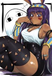 Rule 34 | &lt;o&gt; &lt;o&gt;, 1girl, animal ears, arm strap, bad id, bad pixiv id, bangle, black bra, black choker, black shorts, black thighhighs, bra, bracelet, breasts, casual, choker, cleavage, commentary, dark-skinned female, dark skin, earrings, english commentary, facepaint, facial mark, fate/grand order, fate (series), hairband, high-waist shorts, highres, hoop earrings, jackal ears, jewelry, kevbot, lace, lace-trimmed bra, lace trim, long hair, medium breasts, medjed (fate), nail polish, nitocris (fate), purple eyes, purple hair, purple nails, raised eyebrows, ring, shorts, sitting, sleeveless, solo focus, sweat, tank top, thighhighs, underwear, vambraces, very long hair