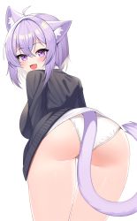 Rule 34 | 1girl, :d, absurdres, ahoge, animal ear fluff, animal ears, arched back, ass, bent over, black jacket, blush, breasts, cat ears, cat girl, cat tail, commentary request, cowboy shot, female focus, hair between eyes, highres, hololive, jacket, large breasts, looking at viewer, looking back, medium hair, neko lu (wofud453), nekomata okayu, nekomata okayu (oversized shirt), official alternate costume, open mouth, panties, purple eyes, purple hair, shirt, sidelocks, simple background, smile, solo, tail, underwear, virtual youtuber, white background, white panties, white shirt