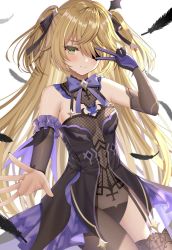 Rule 34 | 1girl, armpit crease, bare shoulders, black dress, blonde hair, breasts, brown thighhighs, cowboy shot, detached sleeves, dress, eyepatch, feathers, fischl (genshin impact), fishnets, garter straps, genshin impact, gloves, green eyes, hair over one eye, hair ribbon, highres, izumo neru, long hair, looking at viewer, medium breasts, ribbon, simple background, single glove, single leg pantyhose, single thighhigh, smile, solo, standing, thighhighs, thighs, two side up, v, very long hair, white background