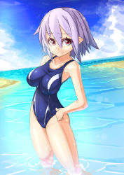 Rule 34 | 1girl, competition swimsuit, grey hair, highres, one-piece swimsuit, ooyama kina, phantasy star, phantasy star online 2, pointy ears, red eyes, short hair, swimsuit
