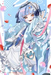 Rule 34 | 1boy, :d, absurdres, apron, bag, blue hair, blue jacket, blue nails, blue necktie, candy, chain, cowboy shot, eyeball hair ornament, fingernails, food, hair ornament, hairband, hairclip, halo, handbag, hands up, heart, highres, jacket, jersey maid, jewelry, light blue hair, lollipop, long hair, long sleeves, maid, maid apron, multiple rings, nail polish, necktie, open mouth, orange eyes, original, pill, ring, shiozaki ise, smile, teeth, track jacket, trap, unconventional maid, upper teeth only, very long hair, wavy eyes, white apron, white bag, white hairband, white halo