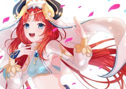Rule 34 | 1girl, :d, absurdres, blue eyes, commentary request, genshin impact, highres, horns, long hair, looking at viewer, nilou (genshin impact), open mouth, partial commentary, petals, pochimaru (marumaru wanwan), red hair, simple background, smile, solo, veil, very long hair, white background