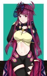 Rule 34 | 1girl, absurdres, asymmetrical pants, black choker, black pants, black thighhighs, breasts, choker, collarbone, commentary request, cowboy shot, crop top, facial mark, fire emblem, fire emblem engage, green background, hand up, highres, ivy (fire emblem), large breasts, leggings, long hair, long sleeves, looking at viewer, midriff, navel, nintendo, otokajife, pants, purple eyes, purple hair, sage outfit (fire emblem engage), shirt, shrug (clothing), single thighhigh, solo, standing, stomach, thighhighs, thighs, very long hair, yellow shirt