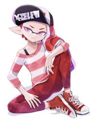 Rule 34 | 1girl, baseball cap, closed mouth, cross-laced footwear, full body, hat, highres, inkling, inkling girl, inkling player character, long hair, nintendo, pants, pointy ears, psya ma, red eyes, red footwear, red hair, red pants, red shirt, shirt, shoes, simple background, sitting, smile, solo, splatoon (series), striped clothes, striped shirt, tentacle hair, two-tone shirt, white background, white shirt