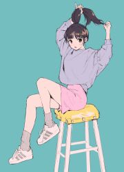 1girl :o aqua_background arms_up bar_stool black_hair brown_eyes commentary english_commentary full_body grey_socks grey_sweater high_ponytail highres looking_to_the_side on_stool original pink_shorts ponytail ribbed_socks shoes shorts sideways_glance simple_background sitting sneakers socks solo stool sweater tofumang tying_hair white_footwear