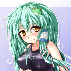 Rule 34 | 1girl, breasts, female focus, frown, furaido, gradient background, green hair, highres, kochiya sanae, long hair, one-piece swimsuit, school swimsuit, solo, swimsuit, touhou, upper body, yellow eyes