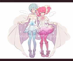 Rule 34 | 10s, 2girls, armband, bandaid, blue hair, bow, breasts, cape, cleavage, closed eyes, cuts, fortissimo, gloves, hair bow, hair ornament, hairclip, highres, holding hands, injury, kaname madoka, kuchibashi, mahou shoujo madoka magica, mahou shoujo madoka magica (anime), mahou shoujo madoka magica movie 1 &amp; 2, miki sayaka, multiple girls, musical note, musical note hair ornament, open mouth, pink hair, short hair, short twintails, smile, soul gem, thighhighs, twintails, wings, zettai ryouiki