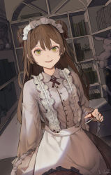 Rule 34 | 1girl, absurdres, apron, artist name, bookshelf, brown hair, commentary request, cowboy shot, double bun, dutch angle, green eyes, grey shirt, hair between eyes, hair bun, highres, holding, holding scissors, indoors, long hair, long sleeves, looking at viewer, maid, maid apron, maid headdress, muyu713, original, parted lips, plant, potted plant, scissors, shirt, smile, solo, stuffed animal, stuffed rabbit, stuffed toy, waist apron, white apron, yu chuang
