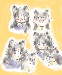 Rule 34 | 1girl, animal collar, animal ears, arknights, black hair, blush, blush stickers, braid, chibi, closed mouth, collar, dog, dog ears, dog girl, dog request, happy, highres, japanese clothes, kimono, light blush, long hair, looking at viewer, looking down, looking to the side, momomomowan, multiple views, notice lines, open mouth, parted lips, purple kimono, saga (arknights), simple background, smile, surprised, tongue, tongue out, traditional media, yellow background