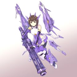 Rule 34 | 1girl, absurdres, alice gear aegis, bare shoulders, breasts, brown eyes, brown hair, cannon, cleavage, closed mouth, clothing cutout, elbow gloves, gloves, headgear, highres, holding, holding weapon, ishiyumi, large breasts, looking at viewer, mecha musume, open mouth, short hair, solo, suga itsuri, weapon