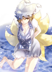 Rule 34 | 1girl, adapted costume, amua, animal ears, arms behind back, bad id, bad nicoseiga id, barefoot, breasts, brown eyes, cleavage, dress, fox ears, fox tail, hair over one eye, hat, highres, large breasts, leg up, light brown hair, mob cap, multiple tails, short hair, short sleeves, smile, solo, tabard, tail, touhou, water, yakumo ran