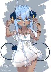 Rule 34 | 1girl, absurdres, ahoge, arm up, bare legs, bare shoulders, bead bracelet, bead necklace, beads, blue eyes, blue tongue, blush, bow, bracelet, child, chinese commentary, chinese text, collarbone, colored tongue, commentary request, cowboy shot, dark-skinned female, dark skin, dated, demon tail, double w, dress, ear piercing, eyes visible through hair, facial tattoo, female focus, grey background, hair between eyes, halterneck, hand up, highres, horns, jewelry, karv, long hair, looking at viewer, necklace, original, piercing, pointy ears, ring, sidelocks, signature, simplified chinese text, solo, spaghetti strap, tail, tattoo, teeth, tongue, tongue out, tongue piercing, translation request, upper teeth only, w, white background, white bow, white dress
