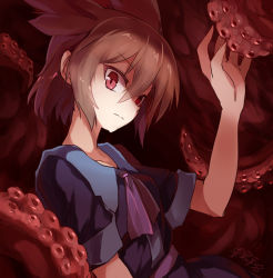 Rule 34 | 1girl, brown hair, contemporary, looking at viewer, red eyes, short hair, solo, tentacles, touhou, toyosatomimi no miko, upper body, yetworldview kaze