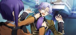 Rule 34 | 1boy, 1girl, adjusting another&#039;s clothes, artist request, ascot, blue background, blue eyes, blue hair, blurry, blurry foreground, cecile croomy, code geass, code geass: lost stories, double handjob, formal, frilled jacket, frilled sleeves, frills, game cg, glasses, green jacket, hair intakes, half-closed eye, handjob, hands up, highres, indoors, jacket, laboratory, lloyd asplund, long sleeves, looking at another, military uniform, nervous, non-web source, official art, open mouth, orange jacket, purple ascot, purple hair, railing, semi-rimless eyewear, shirt, short hair, sidelocks, solo focus, standing, sweat, uneven eyes, uniform, upper body, white shirt