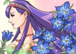 Rule 34 | 1girl, bare shoulders, chrono (series), chrono cross, collarbone, dress, eyeshadow, flower, from side, green dress, headpiece, jewelry, long hair, lowres, makeup, necklace, pearl necklace, purple hair, red eyes, riddel, smiley face, solo, very long hair