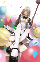 Rule 34 | 1girl, apron, balloon, black bow, black bowtie, black dress, black footwear, blonde hair, blush, bow, bowtie, braided sidelock, breasts, broom, character request, closed mouth, commentary, confetti, copyright request, crossed ankles, dress, foreshortening, frilled dress, frills, highres, holding, holding broom, juliet sleeves, long hair, long sleeves, looking at viewer, maid, maid apron, maid headdress, medium breasts, on ground, oto1 030, pantyhose, pink eyes, puffy sleeves, sidelocks, sitting, solo, symbol-only commentary, tile floor, tiles, very long hair, white apron, white background, white pantyhose