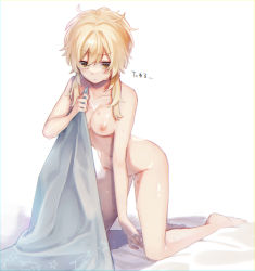 Rule 34 | 1girl, bad id, bad pixiv id, bed sheet, blonde hair, breasts, collarbone, genshin impact, highres, holding, holding sheet, kino (m6t2a), kneeling, lumine (genshin impact), navel, nipples, nude, on bed, sidelocks, solo, v-shaped eyebrows, white background, yellow eyes