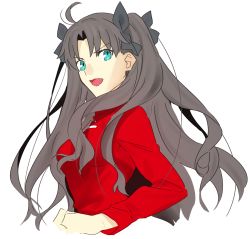 Rule 34 | 1girl, ahoge, black hair, blouse, blue eyes, breasts, chietori, fate/stay night, fate (series), hair ribbon, highres, long hair, looking at viewer, open mouth, red shirt, ribbon, shirt, simple background, smile, solo, tohsaka rin, twintails, upper body, white background
