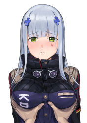 Rule 34 | 1girl, absurdres, blue hair, blush, breast hold, breasts, closed mouth, girls&#039; frontline, green eyes, highres, hk416 (girls&#039; frontline), kuro (zhurunbo1997), long hair, looking at viewer, medium breasts, solo, uniform, white background