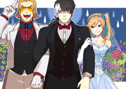 Rule 34 | 1girl, 2boys, ace attorney, akira kira, alternate costume, athena cykes, black hair, blue bow, blue bowtie, blue dress, blue eyes, bobby fulbright, bouquet, bow, bowtie, breasts, brown hair, cleavage, dress, earrings, elbow gloves, flipped hair, flower, formal, gloves, hair between eyes, hair ribbon, hydrangea, jewelry, long hair, multicolored hair, multiple boys, necktie, phoenix wright: ace attorney - dual destinies, ponytail, red bow, red bowtie, ribbon, salute, side ponytail, sideburns, simon blackquill, smile, suit, sunglasses, tailcoat, traditional bowtie, tuxedo, two-tone hair, waistcoat, white gloves, white hair