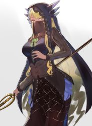 Rule 34 | 1girl, absurdres, blonde hair, breasts, dark-skinned female, dark skin, dragon girl, dragon horns, dragon tail, fate/grand order, fate (series), grey background, highres, holding, holding weapon, horns, large breasts, long hair, looking at viewer, mouth veil, polearm, sash, simple background, sketch, solo, spear, swept bangs, tail, taruto (takug0812), veil, vritra (fate), weapon
