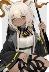 Rule 34 | 1girl, animal ears, arknights, beeswax (arknights), black jacket, black ribbon, breasts, brown eyes, cleavage, collar, dark-skinned female, dark skin, dress, e draw paint, goat ears, goat girl, goat horns, grey background, grey hair, highres, holding, holding staff, horns, infection monitor (arknights), jacket, leg ribbon, long hair, long sleeves, looking at viewer, low twintails, medium breasts, open clothes, open jacket, parted lips, ribbon, simple background, sitting, solo, staff, third eye, twintails, white dress