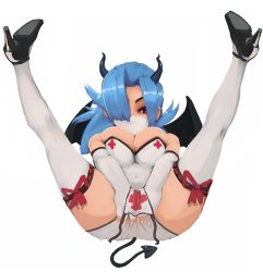 Rule 34 | 1girl, alternate legwear, blue hair, breasts, cleavage, covered mouth, cross, demon wings, drawfag, elbow gloves, eyepatch, female focus, fingerless gloves, gloves, hair over one eye, high heels, horns, large breasts, legs up, mask, mouth mask, nurse, ponytail, red cross, red eyes, shoe soles, skullgirls, solo, surgical mask, thighhighs, valentine (skullgirls), white gloves, white thighhighs, wings