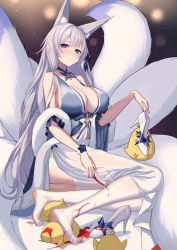 Rule 34 | 1girl, absurdres, animal ear fluff, animal ears, ass, azur lane, bare shoulders, blue butterfly, blue dress, blue eyes, blush, breasts, bug, butterfly, cleavage, dress, drunk, feather boa, feet, fox ears, grey hair, hair ornament, highres, holding, holding shoes, insect, kitsune, large breasts, legs, long hair, looking at viewer, multiple tails, nail polish, pouring, pouring onto self, shinano (azur lane), shinano (dreams of the hazy moon) (azur lane), shoes, unworn shoes, soles, solo, tail, thighs, toenail polish, toenails, ursica, very long hair, white legwear