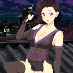 Rule 34 | 1girl, black hair, black kimono, breasts, challengia, city, cityscape, cleavage, cloud, cloudy sky, crotch, elbow gloves, fingerless gloves, foechan, gloves, holding, holding weapon, japanese clothes, kimono, large breasts, looking at viewer, nchans, nchans style, night, night sky, ninja, official art, open mouth, orcaleon, panties, purple eyes, rooftop, short hair, shuriken, sky, thighhighs, underwear, weapon