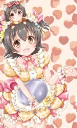 Rule 34 | 2girls, :d, akagi miria, apron, bell, black hair, blush, breasts, brown background, brown eyes, choker, closed mouth, collarbone, dress, frilled apron, frills, hair between eyes, hand up, heart, highres, holding, holding tray, idolmaster, idolmaster cinderella girls, jingle bell, medium breasts, mini person, minigirl, multiple girls, neck bell, on head, open mouth, pink choker, pink footwear, plaid, plaid dress, puffy short sleeves, puffy sleeves, regular mow, shoes, short sleeves, simple background, smile, socks, standing, standing on one leg, tray, two side up, white apron, white socks, wrist cuffs, yellow dress