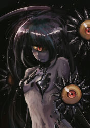 Rule 34 | 1girl, bad id, bad pixiv id, black hair, breasts, closed mouth, colored sclera, colored skin, cyclops, extra eyes, gazer (monster girl encyclopedia), highres, long hair, looking at viewer, mint chocolate, monster girl, monster girl encyclopedia, navel, one-eyed, slime (substance), slit pupils, small breasts, smile, solo, tentacles, white skin, yellow sclera