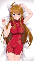 Rule 34 | 1girl, absurdres, ahoge, arm up, bed sheet, blue eyes, breasts, brown hair, chestnut mouth, china dress, chinese clothes, cowboy shot, dress, floral print, flower, ggim (kdnx8758), hair flower, hair ornament, highres, idolmaster, idolmaster million live!, idolmaster million live! theater days, long hair, lying, medium breasts, on back, pelvic curtain, red dress, side slit, skindentation, solo, swept bangs, tokoro megumi