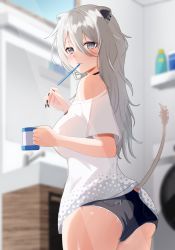 Rule 34 | 1girl, absurdres, animal ears, ass, black choker, blurry, blurry background, breasts, c1p122, choker, cowboy shot, cup, cutoffs, drink, ear piercing, fingernails, grey eyes, grey hair, hair between eyes, highres, holding, holding cup, hololive, indoors, large breasts, lion ears, lion girl, lion tail, long hair, looking at viewer, looking back, loose clothes, loose shirt, mouth hold, piercing, sharp fingernails, shirt, shishiro botan, shishiro botan (casual), short shorts, short sleeves, shorts, single bare shoulder, solo, standing, tail, toothbrush in mouth, virtual youtuber, white shirt