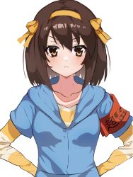 Rule 34 | 1girl, angry, bad id, bad twitter id, blue hoodie, blush, bob cut, brown eyes, brown hair, causal, closed mouth, commentary request, hair between eyes, hair ribbon, hairband, hands on own hips, highres, hood, hoodie, layered sleeves, long sleeves, looking at viewer, ribbon, short hair, short over long sleeves, short sleeves, simple background, solo, striped clothes, striped sweater, suzumiya haruhi, suzumiya haruhi no yuuutsu, sweater, u ik95, white background, yellow hairband, yellow ribbon