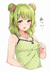 Rule 34 | 1girl, bare shoulders, blush, bow, camisole, cropped torso, double bun, green camisole, green eyes, green hair, hair bun, hair ornament, hair scrunchie, hairclip, highres, jewelry, looking at viewer, morinaka kazaki, necklace, nijisanji, open mouth, pink scrunchie, polka dot, polka dot camisole, racchi., scrunchie, shorts, side bun, simple background, solo, virtual youtuber, white background