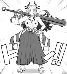 Rule 34 | &gt;:), 1girl, afrobull, artist name, bare arms, bare shoulders, breasts, chain, cleavage, club, club (weapon), cuffs, earrings, emphasis lines, fingernails, full body, geta, greyscale, hakama, hakama pants, hakama skirt, hand on own hip, highres, hip vent, holding, holding weapon, horns, huge weapon, japanese clothes, jewelry, kanabou, long hair, looking at viewer, monochrome, multicolored hair, one piece, oni, over shoulder, pants, ring, rope, shackles, shimenawa, sidelocks, skirt, smile, solo, standing, toenails, toes, v-shaped eyebrows, weapon, weapon over shoulder, yamato (one piece)