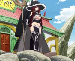Rule 34 | 1girl, black legwear, breasts, elbow gloves, fairy tail, gloves, hat, holding, holding staff, irene belserion, large breasts, long hair, long sleeves, midriff, mature female, navel, red eyes, red hair, screencap, staff, stitched, tagme, third-party edit, underboob