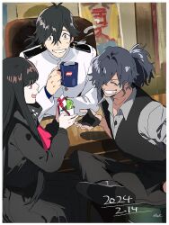 Rule 34 | 1girl, 2boys, black hair, black scarf, blunt bangs, closed eyes, cup, cutout gloves, dated, facial hair, fate/grand order, fate (series), formal, frog, grey eyes, grey shirt, grin, hair over one eye, holding, holding cup, koha-ace, long hair, low ponytail, mug, multiple boys, okada izou (fate), okada izou (i&#039;m one dapping fella) (fate), open collar, oryou (fate), pirohi (pirohi214), ponytail, red eyes, sakamoto ryouma (fate), scarf, shirt, sitting, sleeves rolled up, smile, steam, stubble, suit, vest, white suit