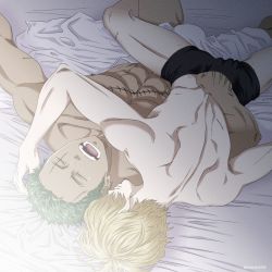 Rule 34 | 2boys, abs, back, blonde hair, boxer briefs, bulge, commentary, couple, cowboy shot, green hair, hair over one eye, hand on another&#039;s head, hand under clothes, highres, legs apart, male focus, male underwear, multiple boys, muscular, nipples, one piece, pectorals, pinattsu, roronoa zoro, sanji (one piece), scar, scar on face, short hair, thighs, toned, toned male, underwear, underwear only