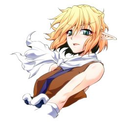Rule 34 | 1girl, blonde hair, blush, breasts, brown shirt, commentary request, cropped torso, green eyes, hair between eyes, looking at viewer, medium breasts, mizuhashi parsee, nose blush, ootsuki wataru, open mouth, pointy ears, scarf, shirt, short hair, simple background, sleeveless, sleeveless shirt, solo, touhou, upper body, white background, white scarf