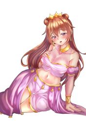 Rule 34 | 1girl, artist name, artist request, bare legs, blush, bracelet, breasts, brown hair, butterfly (love live!), choker, cleavage, clothing cutout, collarbone, cropped shirt, crown, detached sleeves, double bun, dress, dress shirt, earrings, female focus, gold bracelet, hair between eyes, hair bun, hair rings, hand on own breast, harem outfit, highres, jewelry, konoe kanata, long hair, looking at viewer, love live!, love live! nijigasaki high school idol club, love live! school idol festival, medium breasts, navel, parted lips, puffy short sleeves, puffy sleeves, purple eyes, purple shirt, purple shorts, purple sleeves, shirt, short sleeves, shorts, shoulder cutout, sitting, smile, solo, thighhighs, two side up, white background, yellow bracelet, yellow choker